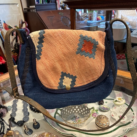 Vintage Handmade Messenger Blue Bag Crossbody Genuine Leather Strap